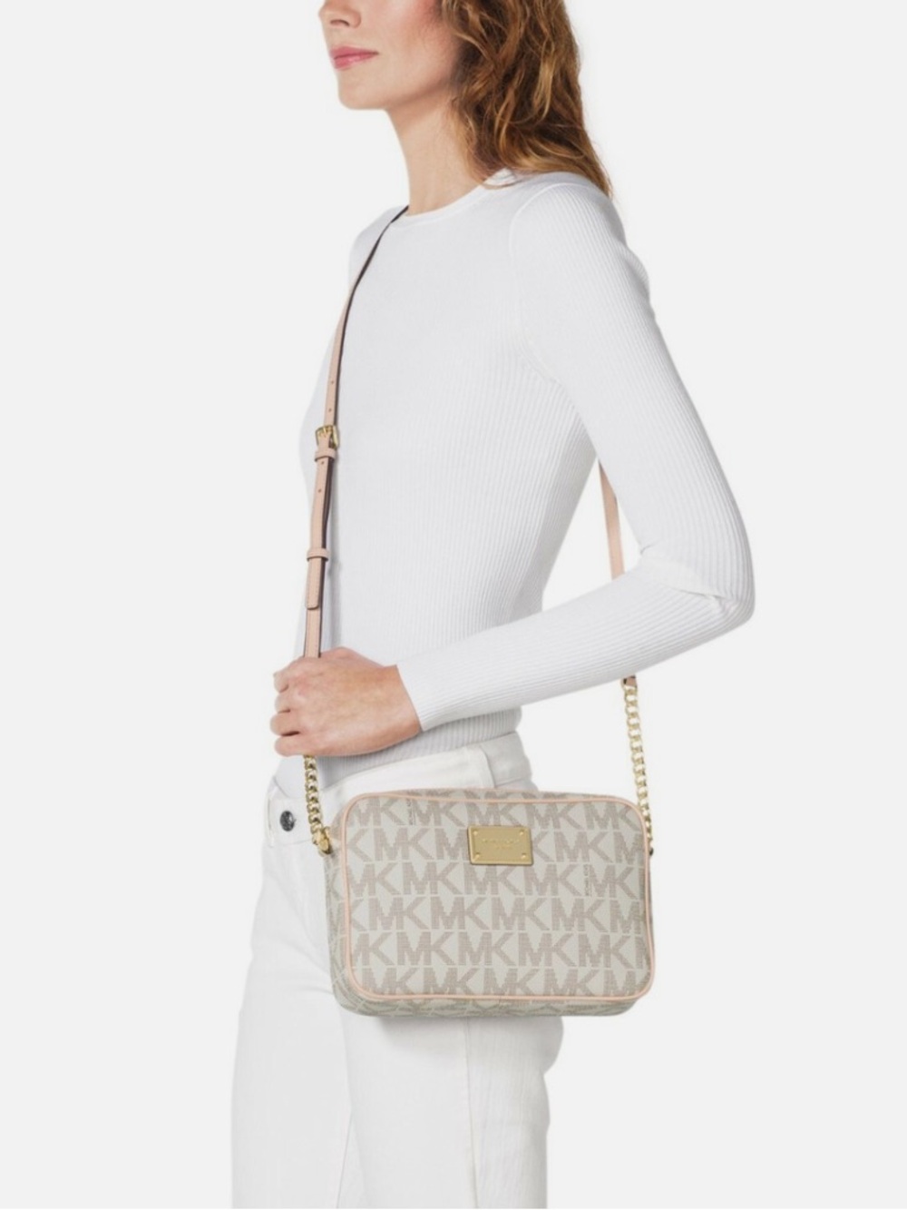Michael Kors Vanilla Signature Logo Jet Set Large EW Crossbody Bag
